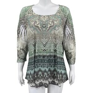 One World Top Womens 2XL Green‎ Paisley Boho Embellished 3/4 Sleeve Artsy Hippie